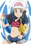  1girl absurdres alternate_costume backpack bag beanie black_hair bracelet closed_mouth commentary_request cropped_shirt dawn_(pokemon) eyelashes grey_eyes hainchu hair_ornament hairclip hand_on_own_hip hand_up hat highres holding holding_poke_ball jewelry long_hair looking_at_viewer midriff poke_ball poke_ball_(basic) poke_ball_print pokemon pokemon_(anime) poketch purple_shirt shirt short_sleeves shorts sidelocks smile solo split_mouth watch white_headwear wristwatch yellow_bag 