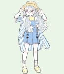 1girl :o blue_overalls blush commentary_request full_body glasses grey_background grey_hair hands_on_headwear hands_up idol_time_pripara kouda_michiru long_hair looking_to_the_side low_twintails open_clothes open_mouth open_shirt overalls pretty_(series) pripara sandals shirt simple_background socks solo standing striped striped_shirt terayamaden twintails wavy_hair white_socks yellow_shirt 