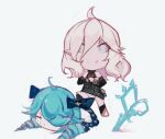  2girls ahoge bare_shoulders black_bow black_dress bow briar_(league_of_legends) chibi crying detached_sleeves dress drill_hair fang green_eyes green_hair grey_hair gwen_(league_of_legends) hair_between_eyes hair_bow highres league_of_legends low_twintails lu_(departurelu) lying medium_hair multiple_girls on_stomach panties scissors simple_background smile standing tears twin_drills twintails underwear white_background white_dress white_panties 