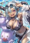  ;d ahoge animal_ears arm_up armpits bikini black_bikini black_choker black_horns blue_sky breasts choker cleavage closed_eyes cloud dark-skinned_female dark_skin day dragon_horns draph earrings eyewear_on_head fangs fediel_(granblue_fantasy) galleon_(granblue_fantasy) granblue_fantasy grey_hair hair_between_eyes harvin highres horn_ornament horns inflatable_toy jewelry large_breasts long_hair looking_at_viewer multiple_girls navel ocean one_eye_closed open_mouth outdoors pointy_ears ponytail purple_eyes purple_nails sky smile sunglasses swimsuit wading wamdus_(granblue_fantasy) water yuiko_(yuiyuiko_108) 