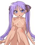  1girl bikini_tan blue_eyes blush breasts collarbone completely_nude highres hiiragi_kagami long_hair looking_at_viewer lucky_star nipples nude open_mouth purple_hair pussy simple_background sitting small_breasts solo tamaya tan tanlines tearing_up twintails white_background 