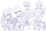  2boys absurdres bakugou_katsuki blush body_freckles boku_no_hero_academia bomb closed_mouth commentary computer crossed_arms english_commentary explosive freckles from_behind habkart hatching_(texture) heart highres hood hood_down hoodie laptop long_sleeves looking_at_viewer lying male_focus midoriya_izuku monochrome multiple_boys multiple_views on_back open_mouth print_shirt purple_theme shirt short_hair short_sleeves simple_background skull_print smile spiked_hair t-shirt under_covers upper_body white_background yaoi 