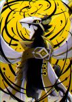  absurd_res avian belt black_body black_feathers clothed clothing compass_(combat_providence_analysis_system) feathers hi_res horn male mask nanigashi_(compass) simple_background solo yellow_background yellow_eyes 