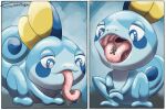  2019 bodily_fluids digital_media_(artwork) duo excessive_saliva generation_4_pokemon generation_8_pokemon hi_res in_mouth long_tongue macro male micro_on_tongue nintendo on_tongue open_mouth oral_vore pokemon pokemon_(species) riolu saliva saliva_on_tongue sobble suddendraft tongue tongue_out two_panel_image vore zach_(aurazach) 