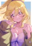  1girl blonde_hair blush breasts cleavage closed_mouth collarbone dot_nose hair_between_eyes hair_ornament hair_scrunchie high_ponytail jacket jewelry long_hair long_sleeves looking_at_viewer magia_record:_mahou_shoujo_madoka_magica_gaiden mahou_shoujo_madoka_magica paru_rari purple_eyes ring scrunchie sidelocks simple_background smile solo togame_momoko twitter_username 