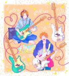  1boy amplifier bibibimix39 bishounen blonde_hair blue_hoodie closed_mouth collage floral_print given guitar headphones hood hoodie instrument kashima_hiiragi_(given) male_focus music open_mouth paper playing_instrument sheet_music smile solo tagme yellow_background 