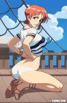  1girl ass back blue_sky border breasts brown_eyes brown_footwear cloud commentary from_side full_body high_heels highres kneeling log_pose looking_to_the_side medium_breasts nami_(one_piece) navel one_piece orange_hair panties parted_lips sandals ship shirt short_hair sitting sky solo stomach striped striped_shirt suoiresnu thighs tied_shirt underwear watercraft white_border white_panties wooden_floor 
