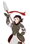  1girl armor brown_hair fire_emblem fire_emblem_fates grey_eyes hair_slicked_back holding holding_polearm holding_weapon lance looking_to_the_side medium_hair polearm septhi-draw solo sophie_(fire_emblem) upper_body weapon 