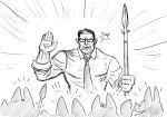  1boy bat_(animal) glasses greyscale monochrome oaksentinel orc polearm randon_(vtuber) salaryman spear tusks vesties_(noir_vesper) waving weapon 