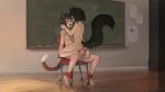  1boy 1girl absurdres acorius_(alluringcrest) animal_ears ass black_hair bound breasts brown_hair cat_boy cat_ears cat_tail chalkboard classroom completely_nude erection fang fox_ears fox_girl fox_tail girl_on_top green_eyes hetero highres imminent_penetration indoors nude on_chair open_mouth original paintrfiend penis scar short_hair sitting skin_fang small_breasts tail testicles tied_to_chair 