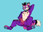  4:3 anthro bodily_fluids collar flunky foreskin fur genital_fluids genitals hands_behind_head hi_res horn humanoid_genitalia male muscular navel nipples penis purple_body purple_fur rawrxavier solo spiked_collar spikes spread_legs spreading stripes 