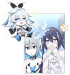  ! !! :o absurdres armor blue_eyes blue_flower breasts bronya_zaychik bronya_zaychik_(herrscher_of_truth) collarbone colored_inner_hair covering_mouth flower grey_eyes grey_hair hair_between_eyes hair_flower hair_ornament halo highres honkai_(series) honkai_impact_3rd korean_commentary lix_(iroiro3843) long_hair multicolored_hair open_hands project_bunny seele_vollerei seele_vollerei_(herrscher_of_rebirth) small_breasts streaked_hair teeth upper_body v-shaped_eyebrows 