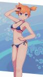  1girl bikini blue_bikini blue_eyes blush breasts closed_mouth collarbone commentary_request highres holding holding_poke_ball lamb-oic029 looking_at_viewer medium_breasts misty_(pokemon) navel orange_hair poke_ball pokemon pokemon_(anime) pokemon_(classic_anime) shiny_skin short_hair side_ponytail smile solo standing string_bikini swimsuit 