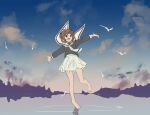  achanpuni barefoot blue_sky brown_hair cardcaptor_sakura child cloud cloudy_sky feet green_eyes happy kinomoto_sakura open_mouth reflection sailor_collar school_uniform short_hair skirt sky tomoeda_elementary_school_uniform water white_sailor_collar white_skirt 