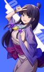  1girl :d ace_attorney arm_up black_hair blue_background commentary_request floating_hair grey_eyes japanese_clothes jewelry kimono kuzumochi_(kuzumochiya) long_hair long_sleeves magatama magatama_necklace maya_fey necklace objection open_clothes signature simple_background smile solo very_long_hair white_kimono wide_sleeves 