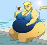  2009 anthro belly big_belly big_breasts big_butt blonde_hair blue_eyes bottle breasts butt clothing container digital_media_(artwork) female gerbil hair huge_breasts mammal murid obese obese_anthro obese_female one-piece_swimsuit overweight overweight_anthro overweight_female rodent sandy_(satsumalord) sitting solo sun swimwear thick_thighs volkenfox water 