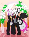  2023 4_fingers absurd_res anthro anthro_on_anthro black_body black_bottomwear black_clothing black_footwear black_fur black_jacket black_nose black_pants black_shoes black_topwear blush bottomwear clothed clothing curled_tail duo emolga eyes_closed felino fingers footwear fully_clothed fur generation_4_pokemon generation_5_pokemon grey_body grey_cheeks grey_clothing grey_eyes grey_fur grey_inner_ear grey_pupils grey_ring grey_topwear grey_vest grin hair hand_wraps hands_together hi_res jacket long_tail looking_at_another male male/male mammal murid necktie nintendo open_mouth pachirisu pants pink_body pink_fur pink_ring pokemon pokemon_(species) pupils purple_body purple_cheeks purple_fur red_necktie ring rodent romantic romantic_couple shoulder_grab smile spiked_tail spikes spikes_(anatomy) standing tail tail_tuft topwear tuft vest wedding white_body white_fur white_hair white_inner_ear wraps yellow_necktie 