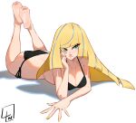  1girl absurdres ass asymmetrical_hair barefoot bikini black_bikini blonde_hair blue_hair blunt_bangs blunt_ends breasts censored_feet cleavage collarbone commission eyelashes feet feet_up full_body green_eyes hand_up highres l4wless large_breasts lips long_hair lusamine_(pokemon) lying multicolored_hair on_stomach pokemon pokemon_(game) pokemon_sm shadow side-tie_bikini_bottom signature simple_background soles solo streaked_hair swimsuit the_pose toes white_background yellow_nails 