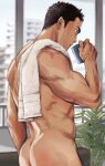  1boy after_bathing ass bara completely_nude cup drinking feet_out_of_frame from_side gentle2nd indoors long_sideburns looking_ahead male_focus mug nude original short_hair sideburns solo thick_eyebrows toned toned_male towel_on_one_shoulder 