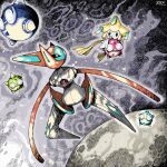  black_eyes commentary_request deoxys deoxys_(speed) gem holding holding_pokemon horns jirachi minior moon outdoors oyasuminjyutsu pokemon pokemon_(creature) purple_gemstone signature space tentacles 