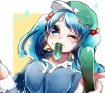  1girl blue_dress blue_eyes blue_hair breasts cabbie_hat cleavage collar collarbone collared_dress crumbs cucumber dress eating eyelashes food green_headwear hair_bobbles hair_ornament hat holding holding_food kawashiro_nitori light_blush long_sleeves looking_at_viewer medium_breasts medium_hair mouth_hold one_eye_closed outstretched_arm smile solo suzune_hapinesu touhou triangle twintails upper_body white_background white_collar 