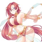  1girl altheavin blue_eyes breasts choker dancer detached_sleeves earrings gem glasses jewelry labyrista large_breasts long_hair looking_at_viewer navel princess_connect! red_hair revealing_clothes see-through see-through_sleeves semi-rimless_eyewear solo thighlet under-rim_eyewear very_long_hair white_background 