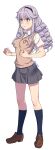  1girl black_hairband blue_socks blush breasts brown_footwear brown_vest clenched_hands closed_mouth collared_shirt commentary_request dress_shirt drill_hair frown full_body grey_skirt hair_between_eyes hairband hands_up hokaze_junko light_purple_hair loafers long_hair looking_ahead medium_breasts miniskirt pleated_skirt purple_eyes raika9 school_uniform shirt shoes short_sleeves sidelocks simple_background skirt socks solo standing toaru_kagaku_no_railgun toaru_majutsu_no_index tokiwadai_school_uniform twitter_username v-shaped_eyebrows vest white_background white_shirt 