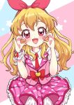  1girl :d aikatsu! aikatsu!_(series) blonde_hair blush bow commentary frilled_skirt frills hair_bow hairband hands_up heart highres hoshimiya_ichigo idol_clothes long_hair looking_at_viewer mrh_maruhi necktie open_mouth pink_skirt pink_vest puffy_short_sleeves puffy_sleeves red_bow red_eyes red_hairband red_necktie shirt short_sleeves skirt smile solo star_(symbol) symbol-only_commentary vest white_shirt wrist_cuffs 