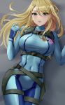  1girl absurdres amayo_thranana belt blonde_hair bodysuit breasts commentary_request covered_navel cowboy_shot green_eyes grey_belt highres large_breasts long_hair looking_at_viewer metroid mole mole_under_mouth parted_lips samus_aran solo thighs very_long_hair zero_suit 
