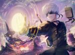  1boy black_blindfold black_coat blindfold coat covered_eyes gloves grey_gloves highres lira_mist long_sleeves male_focus nier:automata nier_(series) outdoors parted_lips pod_(nier:automata) short_hair solo standing upper_body white_hair yorha_no._9_type_s 
