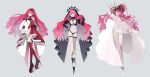  1girl absurdres baobhan_sith_(fate) baobhan_sith_(first_ascension)_(fate) baobhan_sith_(second_ascension)_(fate) baobhan_sith_(third_ascension)_(fate) black_footwear boots bracelet breasts cernunnos_(fate) cleavage closed_mouth cross-laced_clothes detached_sleeves dress earrings fate/grand_order fate_(series) frilled_dress frilled_hat frills full_body grey_eyes hair_ornament hand_in_own_hair hand_on_headwear hand_on_own_hip hand_up hat high_heel_boots high_heels highres hug hugging_doll hugging_object jewelry long_hair long_sleeves looking_at_viewer nail_polish navel ninjin_(ne_f_g_o) open_mouth panties pink_hair pointy_ears red_dress red_nails red_thighhighs revealing_clothes side-tie_panties sidelocks simple_background smile spiked_bracelet spikes stuffed_toy thigh_boots thigh_strap thighhighs thighs tiara underwear variations veil very_long_hair white_dress white_footwear white_panties white_thighhighs 