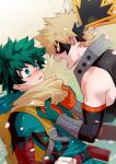  2boys alternate_eye_color angry aqua_eyes bakugou_katsuki bangs bare_shoulders belt belt_pouch black_mask black_tank_top blonde_hair blurry blush bodysuit boku_no_hero_academia cape cape_grab clothes_grab curly_hair depth_of_field dutch_angle eye_contact eye_mask eyes_visible_through_hair face-to-face falling_petals floating_cape freckles from_side gloves gradient_background green_background green_bodysuit green_gloves green_hair hand_up hands_up headgear highres looking_at_another male_focus midoriya_izuku multiple_boys non-circular_lens_flare nose_blush open_mouth orange_gloves parted_lips petals pouch profile red_belt red_eyes sad sanpaku seoltang_(nitro_sugar) short_hair sideways_mouth sleeveless spiked_hair spoilers tank_top tearing_up teeth torn_sleeve twitter_username two-tone_gloves upper_body upper_teeth_only veins wavy_eyes white_background white_gloves wrist_guards yellow_bag yellow_cape 