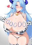  +_+ 1girl animal_ears animal_print bell bikini blue_eyes blue_hair blush body_writing breasts cleavage collar cow_ears cow_girl cow_horns cow_print cow_tail cowbell cream_cod elbow_gloves gloves heart highres horns huge_breasts indie_virtual_youtuber light_blue_hair long_hair miilkywayz milestone_celebration mole mole_on_breast mole_under_eye mole_under_mouth neck_bell simple_background smile solo swimsuit tail thighhighs thighs very_long_hair virtual_youtuber white_background 