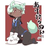 1boy 2018 animal_ear_fluff animal_ears bodysuit border bulge closed_mouth dark_skin dot_nose full_body gloves green_hair green_tail hat holding jaggy_lines kneeling looking_away navel omiya_(louise-louis-lucille) original otoko_no_ko outside_border red_background red_eyes shadow short_hair simple_background sweatdrop tail thick_arms thick_thighs thighs translation_request white_border white_gloves white_headwear 