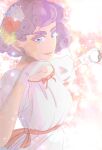  1girl absurdres burgundy_(pokemon) curly_hair dress flower gloves hair_flower hair_ornament highres holding holding_poke_ball looking_at_viewer owleeve poke_ball pokemon purple_eyes purple_hair short_hair simple_background solo sparkle thick_eyebrows upper_body white_dress white_gloves 