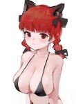  1girl animal_ear_fluff animal_ears bikini black_bow blunt_bangs bow braid breasts cat_ears cleavage closed_mouth commentary english_commentary expressionless extra_ears hair_bow hair_ribbon kaenbyou_rin large_breasts light_blush light_frown long_hair red_eyes red_hair reddizen ribbon simple_background solo swimsuit touhou tress_ribbon twin_braids upper_body white_background 