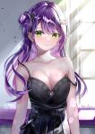  1girl absurdres bare_arms bare_shoulders breasts cleavage collarbone commentary ear_piercing eyes_visible_through_hair green_eyes hair_bun hair_ornament hairclip highres hololive indoors large_breasts light_blush long_hair looking_at_viewer piercing purple_hair sena_banyu single_side_bun solo strap_slip tokoyami_towa window 