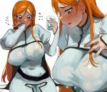  1girl bleach blush breasts covered_navel covered_nipples cup hair_ornament highres holding holding_cup inoue_orihime large_breasts long_hair nia_(nia4294) open_mouth orange_eyes orange_hair solo water_drop white_background 