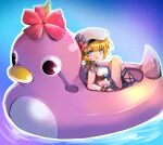  1girl any813 bird blonde_hair blue_eyes breasts duck flower full_body hat hat_flower highres labelle looking_at_viewer open_mouth saga saga_frontier_2 short_hair simple_background sitting skirt solo swimsuit 