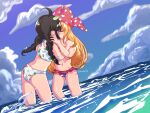  2girls ahoge artist_name ass bikini blue_archive blue_sky cloud clownpiece crossover day dutch_angle fairy_wings hat horizon jester_cap karebu52 kiss leaf leaf_on_head leaf_print miyu_(blue_archive) miyu_(swimsuit)_(blue_archive) multiple_girls ocean official_alternate_costume outdoors polka_dot sky star_(symbol) star_print swimsuit touhou water wings yuri 