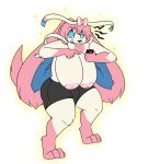  2015 angry anthro big_breasts big_ears bottomwear breasts bulge clothed clothing digital_media_(artwork) eeveelution fur generation_6_pokemon gynomorph hair hi_res holding_object holding_phone huge_breasts implied_transformation intersex nintendo nipples phone pink_body pink_fur pink_hair pokemon pokemon_(species) robertge shorts solo standing sylveon topless white_body white_fur 