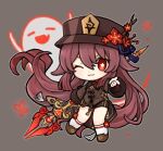  1girl boo_tao_(genshin_impact) brown_coat brown_footwear brown_hair brown_headwear brown_shorts chibi coat flower-shaped_pupils genshin_impact ghost hair_flaps hat holding holding_weapon hu_tao_(genshin_impact) long_hair long_sleeves low_twintails marimo_jh one_eye_closed polearm porkpie_hat red_eyes shoes shorts sidelocks simple_background socks solo staff_of_homa_(genshin_impact) standing standing_on_one_leg symbol-shaped_pupils twintails very_long_hair weapon white_socks 