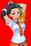  1girl absurdres arms_up black_hair brown_eyes collared_shirt dark-skinned_female dark_skin freckles gloves green_hair hair_tie hair_tie_in_mouth highres looking_at_viewer mouth_hold multicolored_hair naranja_academy_school_uniform necktie nemona_(pokemon) orange_necktie pawmi pokemon pokemon_(game) pokemon_sv ponytail red_background ryusei school_uniform shirt short_sleeves single_glove smile two-tone_hair tying_hair white_shirt 