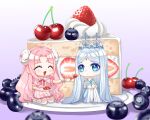  2girls :/ absurdres blue_eyes blueberry cake cake_slice cherry chibi closed_eyes feeding food fork fruit full_body grey_hair han_bingjing highres holding holding_fork holding_plate kumu_zaisheng long_hair looking_at_another multiple_girls open_mouth original oversized_object pink_hair plate sitting smile strawberry strawberry_cake very_long_hair wariza ye_luoli 