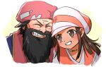 1boy 1girl arc_the_lad beard black_hair brown_eyes brown_hair chongora_(arc_the_lad) clenched_teeth closed_eyes facial_hair large_hat long_hair over_wassyoi simple_background smile teeth white_background 