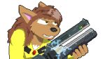  angry anthro auburn_hair bowman&#039;s_wolf brown_body brown_fur canid clenched_teeth digital_media_(artwork) felix_bardner female florence_ambrose freefall_(webcomic) fur gun hair mammal pixel_(artwork) railgun ranged_weapon solo teeth weapon webcomic 