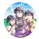  1girl 2girls black_hair brother_and_sister checkerboard_cookie cookie cup fire_emblem fire_emblem:_genealogy_of_the_holy_war food happy highres holding holding_cup holding_saucer larcei_(fire_emblem) looking_at_viewer multiple_girls ngtrngnk saucer scathach_(fire_emblem) shannan_(fire_emblem) short_hair siblings sidelocks simple_background smile tea teacup tomboy tray 