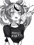  1girl :d absurdres animal_ear_fluff animal_ears banknote breasts clothes_writing collarbone dice_hair_ornament dollar_sign english_text extra_ears greyscale hair_ornament hakos_baelz highres holding holding_money hololive hololive_english long_hair medium_breasts money monochrome mouse_ears multicolored_hair nanashi_(nlo) open_mouth out_of_frame sharp_teeth shirt short_sleeves simple_background smile solo_focus streaked_hair symbol-shaped_pupils teeth tied_shirt twintails upper_body virtual_youtuber 