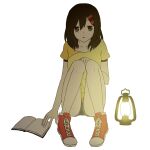  1girl alternate_costume ankle_socks backlighting bad_id bad_pixiv_id blue_shorts book brown_eyes brown_hair casual collarbone commentary cross-laced_footwear double-parted_bangs full_body hair_between_eyes hair_ornament hairclip hand_on_own_knee kagerou_project lantern legs looking_at_viewer medium_hair mekakucity_actors no_scarf off-shoulder_shirt off_shoulder open_book parted_lips red_footwear shirt shoelaces shoes short_shorts short_sleeves shorts simple_background sitting socks solo tateyama_ayano tonari_(z7x8c9) two-tone_footwear white_background white_footwear white_socks yellow_shirt 