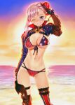  1girl absurdres american_flag_bikini asymmetrical_hair asymmetrical_legwear beach bikini blue_eyes breasts bun_cover cleavage commentary_request fate/grand_order fate_(series) flag_print grin highres large_breasts long_hair looking_at_viewer matsuryuu miyamoto_musashi_(fate) miyamoto_musashi_(swimsuit_berserker)_(fate) miyamoto_musashi_(swimsuit_berserker)_(second_ascension)_(fate) navel ocean one_eye_closed outdoors pink_hair shrug_(clothing) smile solo standing sunset swimsuit thigh_strap uneven_legwear 